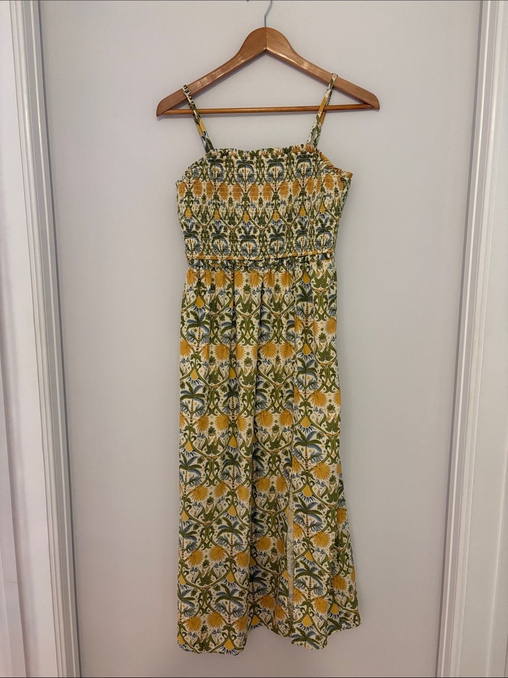 Japna Yellow & Green Smocked Spaghetti-Strap Maxi Dress